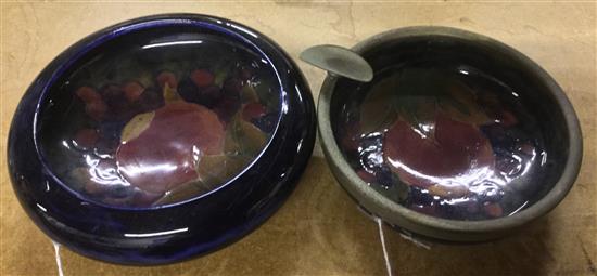 A William Moorcroft pomegranate pattern shallow bowl and similar mounted ashtray, c.1917, diam. 15cm and 13cm